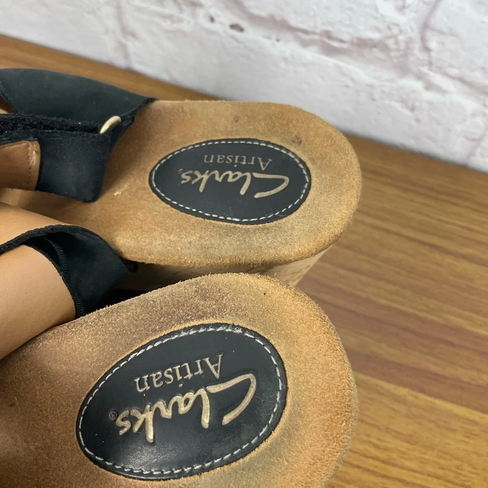 Clarks Artisan Suede Black Cork Wedge Sandals Size 11